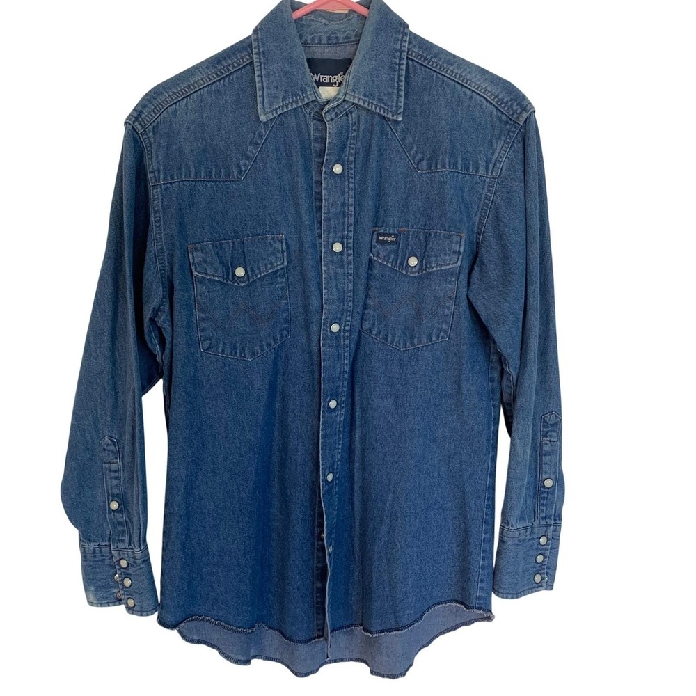 Wrangler Mens M 15.5x33 Blue Denim Long Sleeve Pearl Snap Cowboy Western Shirt